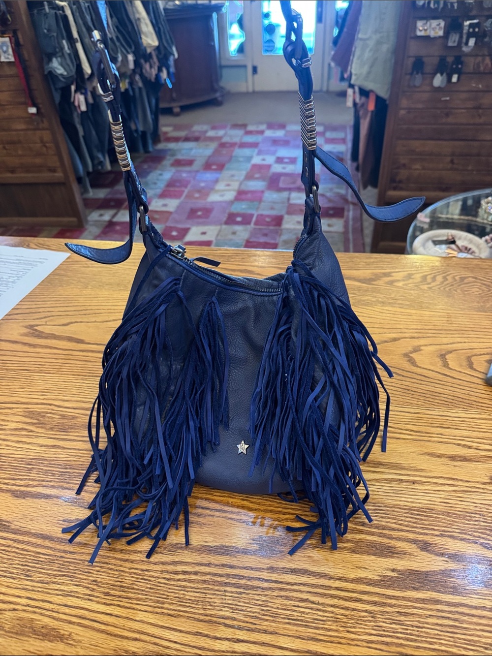 Ash Navy Fringe Leather Shoulder Bag